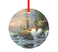 YZHYWJFF Coast Wave And Lighthouse Printed Circular Glass Pendant, Christmas Tree Decoration