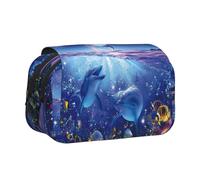 YZHYWJFF Colorful Starry Sky Ocean Dolphin Print Double Clamshell Pen Case with 2 Zipper Pockets, Perfect for School, Sketching, and Travel