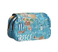 YZHYWJFF Greece Map Print Double Clamshell Pen Case with 2 Zipper Pockets, Perfect for School, Sketching, and Travel