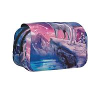 YZHYWJFF Howling Wolf Print Double Clamshell Pen Case with 2 Zipper Pockets, Perfect for School, Sketching, and Travel