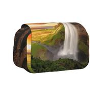 YZHYWJFF Iceland Waterfall River Field Sunset Print Double Clamshell Pen Case with 2 Zipper Pockets, Perfect for School, Sketching, and Travel
