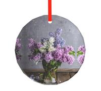 YZHYWJFF Lilac Flowers Printed Circular Glass Pendant, Christmas Tree Decoration