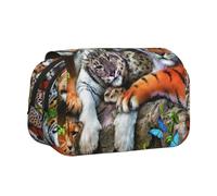 YZHYWJFF Lion Tiger Leopard and Butterfly Print Double Clamshell Pen Case with 2 Zipper Pockets, Perfect for School, Sketching, and Travel