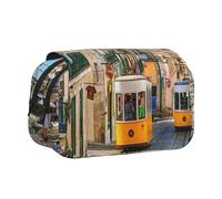 YZHYWJFF Lisbon Tram Print Double Clamshell Pen Case with 2 Zipper Pockets, Perfect for School, Sketching, and Travel