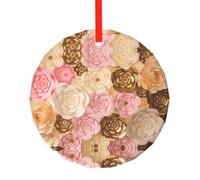 YZHYWJFF Pink White Gold Flowers Printed Circular Glass Pendant, Christmas Tree Decoration