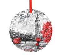 YZHYWJFF Red London Street Printed Circular Glass Pendant, Christmas Tree Decoration