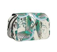 YZHYWJFF Teal Birds Musical Note Print Double Clamshell Pen Case with 2 Zipper Pockets, Perfect for School, Sketching, and Travel