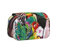 YZHYWJFF Tropical Birds and Plant Leaf Print Double Clamshell Pen Case with 2 Zipper Pockets, Perfect for School, Sketching, and Travel