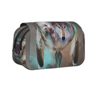 YZHYWJFF Wolf Dream Catcher Print Double Clamshell Pen Case with 2 Zipper Pockets, Perfect for School, Sketching, and Travel