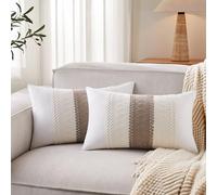YZJZEDS 2pk Boho Pillow Covers 12x20, Natural White/Contrast/Cocoa Brown | 100% Natural Cotton Body, Stripe Embroidery, Farmhouse Decorative Cushion Covers for Sofa Bed Living Room Home Decor