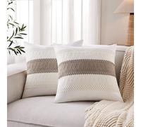 YZJZEDS 2pk Boho Pillow Covers 18x18, Natural White/Contrast/Cocoa Brown | 100% Natural Cotton Body, Stripe Embroidery, Farmhouse Decorative Cushion Covers for Sofa Bed Living Room Home Decor