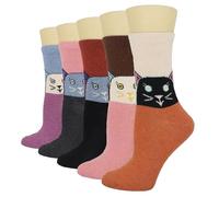YZKKE 5Pack Womens Girls Cat Socks,Colorful Animal Design Patterned Cute Warm Wool Cozy Thick Crew Winter Socks, Multi-2, 5-8