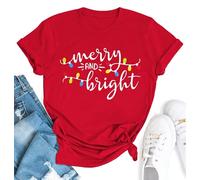 YZMI Christmas Shirts for Women Santa Holiday Short Sleeve Tops Xmas Graphic Print T Shirt, Red_6, XL