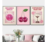 YZNLOQ Kitchen Disco Wall Art,Trendy Retro Pink Disco Ball Canvas Painting,Cherry Espresso Martini Dancing Poster, Vintage Dining Room Artwork for Bar Party Kitchen Decor 16x24 In*3 Unframed