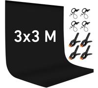 YZNT 3x3m Black Photo Backdrop, 100% Polyester Photo Backdrop Washable with 4 Clamps & 4 Side Clips, Ideal for Live Streaming, Portrait Shooting, Product Photography, and Video
