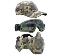 Yzpacc Airsoft Half Face Mask with Goggles& Patch Hat Set, Tactical Masks Full Face Ear Protective Baseball Cap for CS Halloween and Game (ACU, 3PCS)