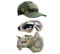 Yzpacc Airsoft Half Face Mask with Goggles& Patch Hat Set, Tactical Masks Full Face Ear Protective Baseball Cap for CS Halloween and Game (CP, 3PCS)