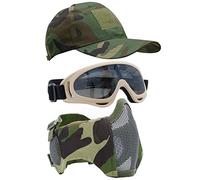 Yzpacc Airsoft Half Face Mask with Goggles& Patch Hat Set, Tactical Masks Full Face Ear Protective Baseball Cap for CS Halloween and Game (WL-K, 3PCS)