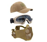 Yzpacc Airsoft Half Face Mask with Goggles& Patch Hat Set, Tactical Masks Full Face Ear Protective Baseball Cap for CS Halloween and Game (T, 3PCS)