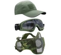 Yzpacc Airsoft Half Face Mask with Goggles& Patch Hat Set, Tactical Masks Full Face Ear Protective Baseball Cap for CS Halloween and Game (CPOD, 3PCS)