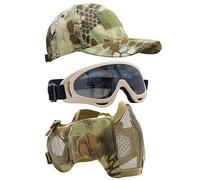 Yzpacc Airsoft Half Face Mask with Goggles& Patch Hat Set, Tactical Masks Full Face Ear Protective Baseball Cap for CS Halloween and Game (MA, 3PCS)