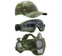 Yzpacc Airsoft Half Face Mask with Goggles& Patch Hat Set, Tactical Masks Full Face Ear Protective Baseball Cap for CS Halloween and Game (ODCP, 3PCS)