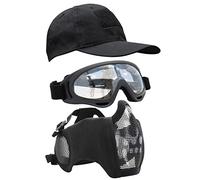 Yzpacc Airsoft Half Face Mask with Goggles& Patch Hat Set, Tactical Masks Full Face Ear Protective Baseball Cap for CS Halloween and Game (WB, 3PCS)