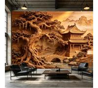 Yzpallescene Custom Size Wall Mural Traditional Wood Carving Asian Temple Pagoda Landscape SelfAdhesive Wall Fabric Removable Peel and Stick Wallpaper Wall Decor for Living Room Bedroom