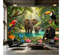 Yzpallescene Custom Size Wall Mural Tropical Jungle Elephant Monkey Parrot SelfAdhesive Wall Fabric Removable Peel and Stick Wallpaper Wall Decor for Bedroom