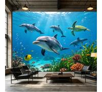 Yzpallescene Custom Size Wall Mural Tropical Ocean Dolphins Sea Turtle Vibrant Coral Reef Fish SelfAdhesive Wall Fabric Removable Peel and Stick Wallpaper Wall Decor for Living Room Bedroom