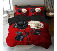 YZQGLHP Black and White Rose Bedding Single Bed Set - Red Duvet Cover Sets 3 Pieces - Reversible Printed Quilt Cover and 2 Pillowcases - Soft Brushed Microfiber, with Zipper Closure