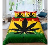 YZQGLHP Black Cannabis Leaf Long Double Duvet Cover Set 200x220cm Red, Yellow, & Green Soft Microfiber Bedding, Lightweight Quilt Cover with Zip Closure & 2 Pillowcases 50x75cm