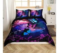 YZQGLHP Blue & Purple Butterflies Single Duvet Cover Set Blue Starry Sky Soft Single Bedding Microfibre Lightweight Quilt Cover with Zipper and 2 Pillowcase 50x75cm