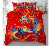 YZQGLHP Chinese Dragon Bedding Double Bed Set - Red Duvet Cover Sets 3 Pieces - Reversible Printed Quilt Cover and 2 Pillowcases - Soft Brushed Microfiber, with Zipper Closure