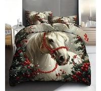 YZQGLHP Christmas Day King Size Duvet Cover Sets Horse Duvet Cover Microfibre 3 Piece with Zipper Closure Soft Cosy Bedding Reversible Quilt Cover 220 x 230 cm and 2 Pillow Cases 50 X 75 cm