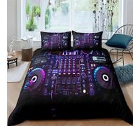 YZQGLHP DJ Turntable Music Pattern Microfiber Bedding Set - 200x200cm Duvet Cover with 50x75cm Pillowcases, Soft & Vibrant for Music Lovers