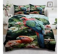 YZQGLHP Macaw Single Duvet Cover Set Green Leaves, Pink Flowers Soft Single Bedding Microfibre Lightweight Quilt Cover with Zipper and 2 Pillowcase 50x75cm