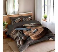 YZQGLHP Music Theme Single Duvet Cover Set Brown Guitar Soft Single Bedding Microfibre Lightweight Quilt Cover with Zipper and 2 Pillowcase 50x75cm