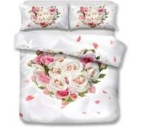 YZQGLHP Pink and White Roses Single Duvet Cover Set Hearts & Flowers Soft Single Bedding Microfibre Lightweight Quilt Cover with Zipper and 2 Pillowcase 50x75cm