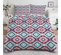 YZQGLHP Pink Blue Diamond Small Double Duvet Cover 170×200cm Ethnic Style Soft Single Bedding Microfibre Lightweight Quilt Cover with Zipper and 2 Pillowcases 50x75cm