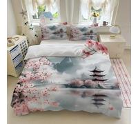 YZQGLHP Pink Cherry Blossoms King Size Duvet Cover Sets Ink-Wash Landscape Painting Bedding Sets King Size Soft Fluffy Microfibre Quilt Covers with Zipper Closure and 2 Pillow Covers 50x75cm