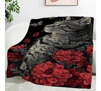 YZQGLHP Red Flower Throw Blanket Cat Small Single Blanket 3D Print Super Soft Flannel and Warm Fluffy Fleece Lightweight Throws for Bed and Sofa 70x100cm