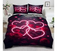 YZQGLHP Red Roses King Duvet Cover Set 225x220cm Pink Hearts Pattern Soft Fluffy Microfiber King Size Bedding, Easy Care Quilt Cover with Zipper & 2 Pillowcases 50x75cm