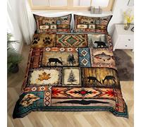 YZQGLHP Rustic Aztec Style King Duvet Cover Set 225x220cm Hunting Bears and Deer Pattern Soft Fluffy Microfiber King Size Bedding, Easy Care Quilt Cover with Zipper & 2 Pillowcases 50x75cm