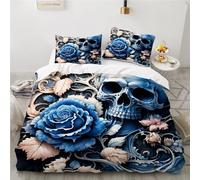 YZQGLHP Skull Double Duvet Cover Sets, Blue rose Bedding Cosy Microfiber Durable Cover with 2 Pillow Cases 50x75cm, with Zipper Closure