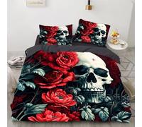 YZQGLHP Skull Double Duvet Cover Sets, Red rose Bedding Cosy Microfiber Durable Cover with 2 Pillow Cases 50x75cm, with Zipper Closure