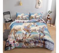 YZQGLHP White Horse Bedding Super King Bed Set - Peach Blossoms Duvet Cover Sets 3 Pieces - Reversible Printed Quilt Cover and 2 Pillowcases - Soft Brushed Microfiber, with Zipper Closure