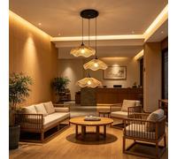 YZSJ Boho Rattan Pendant Light Hand Woven Wavy Shade Ceiling Light Natural Wicker Hanging Lamp for Kitchen Island Living Room Bedroom Dining Room Farmhouse Decor E27(Three Heads)