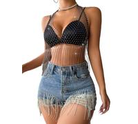 YZWHKJ Fringe Top,Tassel top Sexy Rhinestone Crop Top Summer Beach Vacation Party Club Mesh High Elastic V-Neck See Through Diamond Chain Tassels Tank Top(Black)