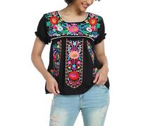 YZXDORWJ Women's Embroidered Mexican Peasant Blouse Mexico Summer Shirt Short Sleeve, 923bk, XL